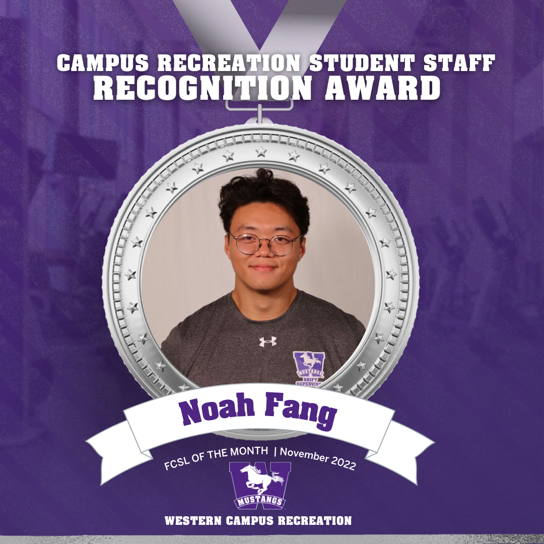 Head shot of Noah Fang inside a silver medal graphic that says Student Staff recognition award
